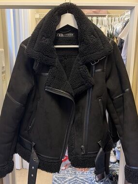 ZARA Black Faux-Shearling Moto Jacket